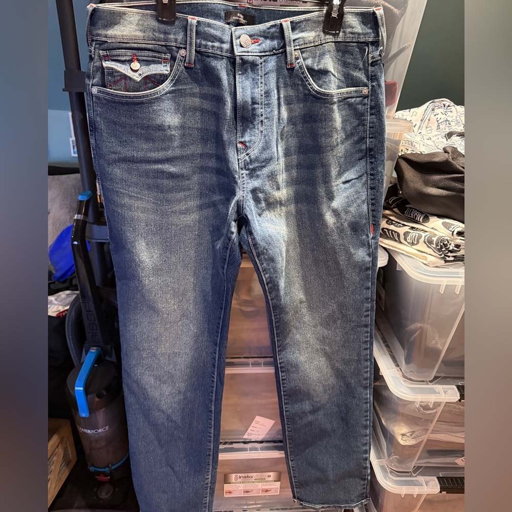 True Religion Ricky Relaxed Straight Jeans Mens 34 Blue Red Stitch Flap Pocket